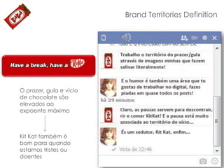 Brand Territories Definition

O prazer, gula e vício
de chocolate são
elevados ao
expoente máximo

Kit Kat também é
bom para quando
estamos tristes ou
doentes

 