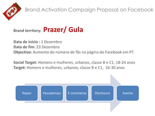 Brand Activation Campaign Proposal on Facebook

Brand territory:

Prazer/ Gula

Data de início : 1 Dezembro
Data de fim: 23 Dezembro
Objectivo: Aumento do número de fãs na página do Facebook em PT.
Social Target: Homens e mulheres, urbanos, classe B e C1, 18-24 anos
Target: Homens e mulheres, urbanos, classe B e C1, 16-30 anos

Teaser

Passatempo

E-commerce

Disclosure

Evento

 