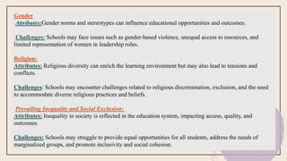 Gender
Attributes:Gender norms and stereotypes can influence educational opportunities and outcomes.
Challenges: Schools may face issues such as gender-based violence, unequal access to resources, and
limited representation of women in leadership roles.
Religion:
Attributes: Religious diversity can enrich the learning environment but may also lead to tensions and
conflicts.
Challenges: Schools may encounter challenges related to religious discrimination, exclusion, and the need
to accommodate diverse religious practices and beliefs.
Prevailing Inequality and Social Exclusion:
Attributes: Inequality in society is reflected in the education system, impacting access, quality, and
outcomes.
Challenges: Schools may struggle to provide equal opportunities for all students, address the needs of
marginalized groups, and promote inclusivity and social cohesion.
 
