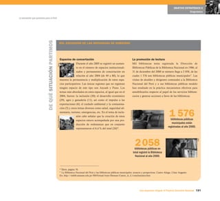 131Una respuesta integral, el Proyecto Educativo Nacional
La educación que queremos para el Perú
OBJETIVO ESTRATÉGICO 6
Diagnóstico
ROL EDUCADOR DE LAS INSTANCIAS DE GOBIERNO
La promoción de lectura
Mil bibliotecas tenía registrada la Dirección de
Bibliotecas Públicas de la Biblioteca Nacional en 1986; al
31 de diciembre del 2000 se número llega a 2 058, de las
cuales 1 576 son bibliotecas públicas municipales37
. Las
visitas de alcaldes y dirigentes comunales a la Biblioteca
Nacional del Perú y a sus bibliotecas públicas modelo
han resultado en la práctica mecanismos efectivos para
sensibilizarlos respecto al papel de los servicios bibliote-
carios y generar acciones a favor de las bibliotecas.
DEQUÉSITUACIÓNPARTIMOS
Espacios de concertación
Durante el año 2005 se registró un aumen-
to en el número de espacios institucionali-
zados y permanentes de concertación en
relación al año 2004 (de 49 a 80), lo que
muestra la permanencia y multiplicación de estos espa-
cios participativos. Las únicas regiones que no registran
ningún espacio de este tipo son Ancash y Puno. Los
temas más abordados en estos espacios, al igual que en el
2004, fueron: la inclusión (30); el desarrollo económico
(29), agro y ganadería (11), así como el impulso a las
exportaciones (6); el cuidado ambiental y la contamina-
ción (5) y otros temas diversos como salud, seguridad ali-
mentaria, turismo, emergencias, etc. En el tema de inclu-
sión cabe señalar que la creación de estos
espacios estuvo acompañada por una pro-
ducción de ordenanzas que en conjunto
representaron el 6,4 % del total (26)36
.
36
Ídem, página 76.
37
La Biblioteca Nacional del Perú y las bibliotecas públicas municipales: avances y perspectivas. Castro Aliaga, César Augusto.
En: http://sisbib.unmsm.edu.pe/BibVirtual/tesis/Human/Castro_A_C/conclusiones.htm
2058bibliotecas públicas en
total registró la Biblioteca
Nacional al año 2000.
1 576bibliotecas públicas
municipales están
registradas al año 2000.
TareaDiarioElPeruano
ForoEducativo
CNE
 