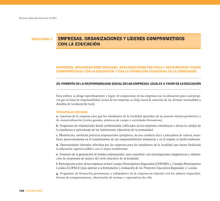 RESULTADO 2
Proyecto Educativo Nacional al 2021
138 SEGUNDA PARTE
EMPRESAS, ORGANIZACIONES Y LÍDERES COMPROMETIDOS
CON LA EDUCACIÓN
EMPRESAS, ORGANIZACIONES SOCIALES, ORGANIZACIONES POLÍTICAS Y ASOCIACIONES CIVILES
COMPROMETIDAS CON LA EDUCACIÓN Y CON LA FORMACIÓN CIUDADANA EN LA COMUNIDAD.
29. FOMENTO DE LA RESPONSABILIDAD SOCIAL DE LAS EMPRESAS LOCALES A FAVOR DE LA EDUCACIÓN
Esta política se dirige específicamente a lograr el compromiso de las empresas con la educación para cual propi-
cia que la línea de responsabilidad social de las empresas se dirija hacia la atención de las diversas necesidades y
desafíos de la educación local.
PRINCIPALES MEDIDAS
a. Apertura de la empresa para que los estudiantes de la localidad aprendan de su proceso técnico-productivo y
de comercialización (visitas guiadas, prácticas de campo o actividades formativas).
b. Programas de voluntariado donde profesionales calificados de las empresas contribuyan a elevar la calidad de
la enseñanza y aprendizaje de las instituciones educativas de la comunidad.
c. Modelación, mediante prácticas empresariales ejemplares, de una conducta ética y educadora de valores, mani-
fiesta particularmente en el cumplimiento de sus responsabilidades tributarias y en el respeto al medio ambiente.
d. Oportunidades laborales ofrecidas por las empresas para los estudiantes de la localidad que hayan finalizado
la educación superior pública con el mejor rendimiento.
e. Fomento de la generación de fondos empresariales para contribuir con investigaciones diagnósticas y elabora-
ción de propuestas de mejora del nivel educativo de la localidad.
f. Participación activa de las empresas en los Consejos Participativos Regionales (COPARE) y Consejos Participativos
Locales (COPALE) para aportar a la formulación y evaluación de los Proyectos Educativos Regionales y Locales.
g. Programas de formación permanente a trabajadores de la empresa en relación con los saberes requeridos,
formas de comportamiento, observación de normas y expectativas de vida.
 
