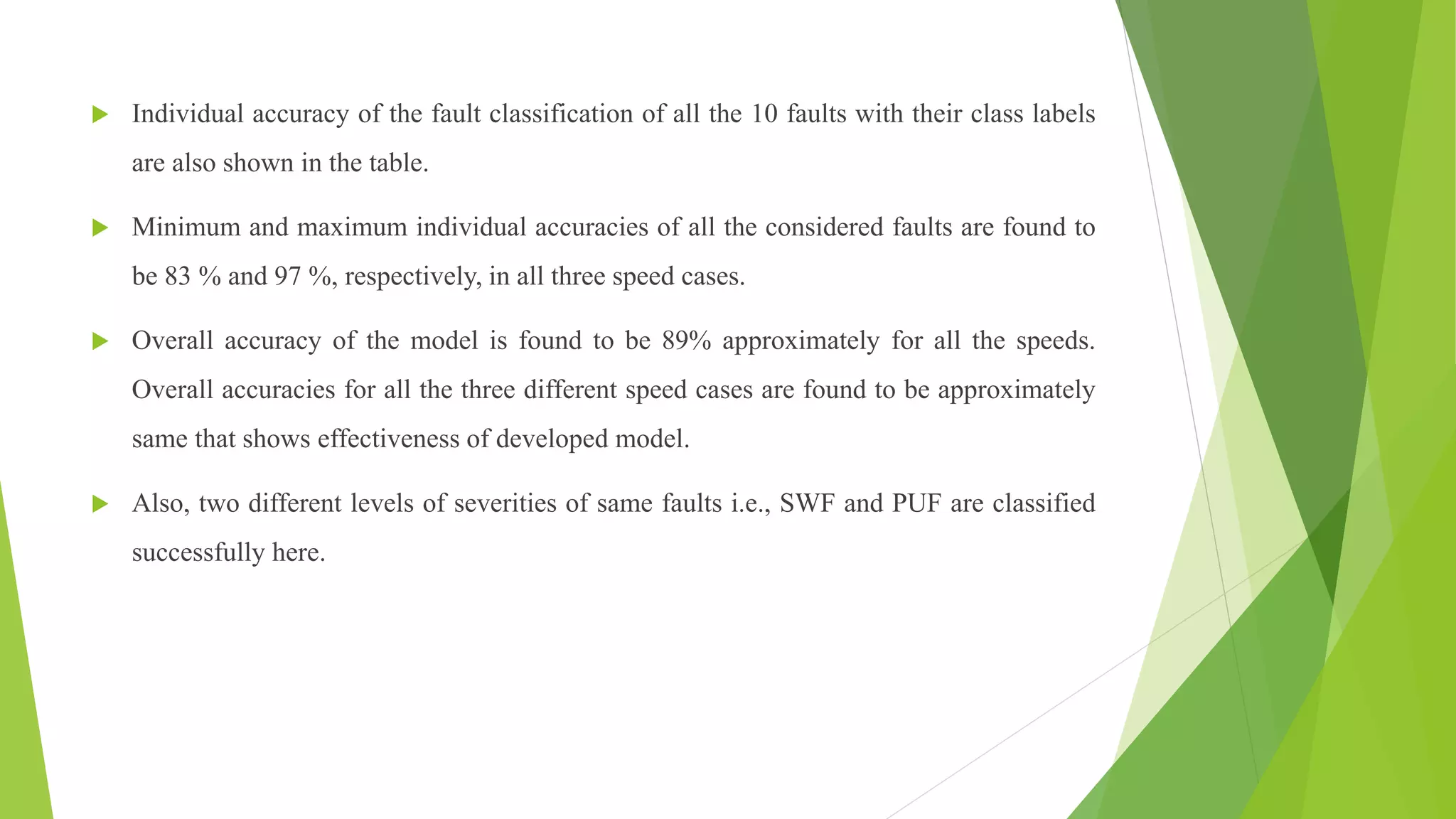  Individual accuracy of the fault classification of all the 10 faults with their class labels
are also shown in the table.
 Minimum and maximum individual accuracies of all the considered faults are found to
be 83 % and 97 %, respectively, in all three speed cases.
 Overall accuracy of the model is found to be 89% approximately for all the speeds.
Overall accuracies for all the three different speed cases are found to be approximately
same that shows effectiveness of developed model.
 Also, two different levels of severities of same faults i.e., SWF and PUF are classified
successfully here.
 