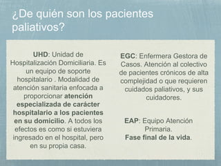 UHD: Unidad de
Hospitalización Domiciliaria. Es
un equipo de soporte
hospitalario . Modalidad de
atención sanitaria enfocada a
proporcionar atención
especializada de carácter
hospitalario a los pacientes
en su domicilio. A todos los
efectos es como si estuviera
ingresado en el hospital, pero
en su propia casa.
EGC: Enfermera Gestora de
Casos. Atención al colectivo
de pacientes crónicos de alta
complejidad o que requieren
cuidados paliativos, y sus
cuidadores.
EAP: Equipo Atención
Primaria.
Fase final de la vida.
 