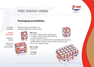 FREE ENERGY DRINK


                  Packaging possibilities

      Company     Different packaging possibilities, to fit
    information   purchase occasion and customer needs:

       Product                        250 ml can
   information                        • Duo packs – ideal for Petrol channel promo

                                      • 4 – packs suitable for retail HM & SM promo

     free sales                         to increase transaction size
       strategy                       • 6 packs – ideal as a penetration SKU to build distribution as well as

                                        for Metro/Makro customers (Horeca, Trader, Traditional trade)
  International                       • 24 can tray – regular package

   marketing &
communication                         250 ml bottle
                                      • pack of 20



                                      1,5 l bottle
                                      • pack of 6




                                                                                                                10
 