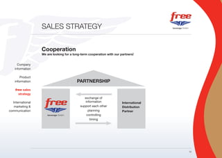 SALES STRATEGY


                  Cooperation
                  We are looking for a long-term cooperation with our partners!


      Company
    information

        Product
    information                          PARTNERSHIP
    free sales
      strategy
                                              exchange of
  International                               information              International
   marketing &                             support each other          Distribution
communication                                   planning               Partner
                                               controlling
                                                 timing




                                                                                       12
 