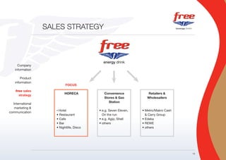SALES STRATEGY




      Company
    information

        Product
    information
                           FOCUS
    free sales
                          HORECA             Convenience            Retailers &
      strategy
                                             Stores & Gas           Wholesailers
                                                Station
  International
   marketing &
                     •Hotel               • e.g. Seven Eleven,   • Metro/Makro Cash
communication
                     • Restaurant           On the run             & Carry Group
                     • Cafe               • e.g. Agip, Shell     • Edeka
                     • Bar                • others               • REWE
                     • Nightlife, Disco                          • others




                                                                                      13
 