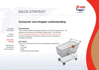 SALES STRATEGY


                  Consumer and shopper understanding

      Company     BACKGROUND
    information   There is often a difference between the person who BUYS energy drinks - the
                  shopper, and the person who DRINKS energy drinks - the consumer.
        Product   42% of supermarket shoppers buy energy drinks for someone else
    information   Therefore, shopper are not always consumers and it is important to
                  understand both sets.
    free sales
      strategy    KEY AREAS
                  There a re 4 Key Channels for Consumer/Shopper understanding
  International     • Petrol

   marketing &      • On Trade

communication       • Retail

                    • Cash & Carry and Wholesale




                                                                                                15
 