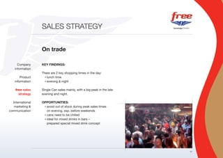 SALES STRATEGY


                  On trade

      Company     KEY FINDINGS:
    information
                  There are 2 key shopping times in the day:
        Product     • lunch time

    information     • evening & night



    free sales    Single Can sales mainly, with a big peak in the late
      strategy    evening and night.

  International   OPPORTUNITIES:
   marketing &     • avoid out of stock during peak sales times

communication        on evening, esp. before weekends
                   • cans need to be chilled

                   • ideal for mixed drinks in bars –

                     prepared special mixed drink concept




                                                                         17
 