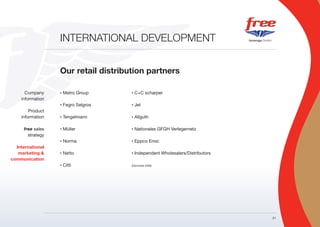 INTERNATIONAL DEVELOPMENT


                  Our retail distribution partners

      Company     •   Metro Group     •   C+C scharper
    information
                  •   Fegro Selgros   •   Jet
        Product
    information   •   Tengelmann      •   Allguth

     free sales   •   Müller          •   Nationales GFGH Verlegernetz
       strategy
                  •   Norma           •   Eppco Enoc
  International
   marketing &    •   Netto           •   Independent Wholesalers/Distributors
communication
                  •   Citti           (December 2008)




                                                                                 21
 