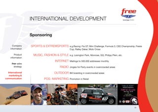 INTERNATIONAL DEVELOPMENT


                  Sponsoring

      Company     SPORTS & EXTREMSPORTS     e.g.Racing: Fia GT, Mini Challenge, Formula 3, CEE Champinship, Fieste
    information                             Cup, Ralley Dakar, Moto Cross

        Product    MUSIC, FASHION & STYLE   e.g. Lexington Park, Monrose, GQ, Philipp Plein, etc.
    information
                                INTERNET    Mailings to 500.000 addresses monthly
     free sales
       strategy                    RADIO    Jingles for Party events in overcrowded areas

  International                 OUTDOOR     Bill boarding in overcrowded areas
   marketing &
communication            POS- MARKETING     Promotion in Retail




                                                                                                          23
 