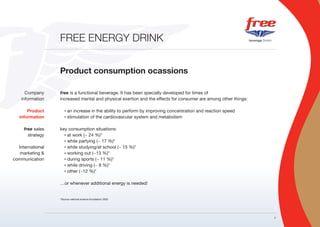 FREE ENERGY DRINK


                  Product consumption ocassions

      Company     free is a functional beverage. It has been specially developed for times of
    information   increased mental and physical exertion and the effects for consumer are among other things:

       Product       • an increase in the ability to perform by improving concentration and reaction speed
   information       • stimulation of the cardiovascular system and metabolism



     free sales   key consumption situations:
       strategy     • at work (~ 24 %)*

                    • while partying (~ 17 %)*

  International     • while studying/at school (~ 15 %)*

   marketing &      • working out (~13 %)*

communication       • during sports (~ 11 %)*

                    • while driving (~ 8 %)*

                    • other (~12 %)*



                  …or whenever additional energy is needed!


                  *Source national science foundation 2002




                                                                                                                7
 