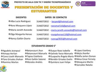 PROYECTO DE AULA CON TIC Y DISEÑO TECNOPEDAGÓGICO
DOCENTES
Alba Lucia Rodríguez
Nora Mosquera López
María Janeth Acevedo
Olga Margarita Henao
Nancy Gallón Osorio
DATOS DE CONTACTO
3146072832 - bacped@hotmail.com
3146072832 - noramar516@gmail.com
3146072832 - maría.janeth.acevedo@hotmail.com
3146072832 - margahenao110@hotmail.com
3146072832 - nancyg7835@hotmail.com
ESTUDIANTES GRADO 5°
Agudelo Jeanpaul
Amaya Herlian
Cano Liceth Manuela
Toro Grisales Jhohan
Ramírez Marlon
Betancourt Jhon
Betancourt Manuela
Tapias Estefanía
Ruíz Gallón Salomé
Morales Andrés
Duque Rozo Isabella
Galindo Yarce Manuela
Guapacha Ángela María
Rendón Grisales Evelin
Quintero Juan Felipe
López Estefany
Mejía Jhonfer
Mafla Jarlen Osman
Mesa Cesar Fernely
Mosquera Marlin
González Natalia
 