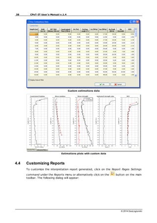 38 CPeT-IT User's Manual v.1.4
© 2014 GeoLogismiki
Custom estimations data
Estimations plots with custom data
4.4 Customizing Reports
To customize the interpretation report generated, click on the Report Pages Settings
command under the Reports menu or alternatively click on the button on the main
toolbar. The following dialog will appear:
 