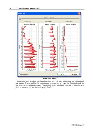 56 CPeT-IT User's Manual v.1.4
© 2014 GeoLogismiki
Spike filter dialog
The red plot lines present the filtered values and the dark gray lines are the original
raw values. The smoothing factor represents the nu,ber of times the filter will apply to
the selected raw data (the Apply Filter check boxes should be checked in order for the
filter to apply to the corresponding raw data).
 
