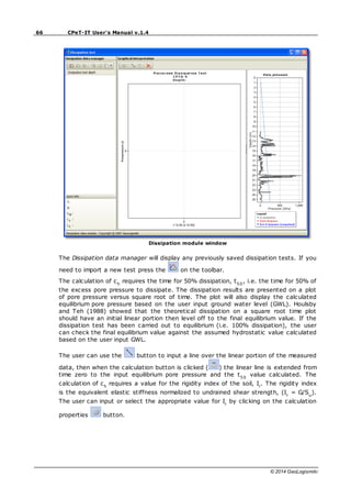 66 CPeT-IT User's Manual v.1.4
© 2014 GeoLogismiki
Dissipation module window
The Dissipation data manager will display any previously saved dissipation tests. If you
need to import a new test press the on the toolbar.
The calculation of ch
requires the time for 50% dissipation, t50
, i.e. the time for 50% of
the excess pore pressure to dissipate. The dissipation results are presented on a plot
of pore pressure versus square root of time. The plot will also display the calculated
equilibrium pore pressure based on the user input ground water level (GWL). Houlsby
and Teh (1988) showed that the theoretical dissipation on a square root time plot
should have an initial linear portion then level off to the final equilibrium value. If the
dissipation test has been carried out to equilibrium (i.e. 100% dissipation), the user
can check the final equilibrium value against the assumed hydrostatic value calculated
based on the user input GWL.
The user can use the button to input a line over the linear portion of the measured
data, then when the calculation button is clicked ( ) the linear line is extended from
time zero to the input equilibrium pore pressure and the t50
value calculated. The
calculation of ch
requires a value for the rigidity index of the soil, Ir
. The rigidity index
is the equivalent elastic stiffness normalized to undrained shear strength, (Ir
= G/Su
).
The user can input or select the appropriate value for Ir
by clicking on the calculation
properties button.
 