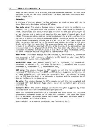 8 CPeT-IT User's Manual v.1.4
© 2014 GeoLogismiki
When the Basic Results tab is activated, the table shows the measured CPT input data
and basic output data as a function of depth. The lower half shows the various Basic
Results - Data Plots.
Data plots
At the base of the main window, the Raw data plots are displayed along with tabs to
show, Basic plots, Normalized plots and SBT plots.
Raw data plots: This window displays plots of measured, cone tip resistance, qc
,
sleeve friction, fs
, and penetration pore pressure, u, and cross correlation between qc
and fs
. A hydrostatic pore pressure line is also shown on the CPT pore pressure plot to
act as reference and is determined based on the user input of ground water level
(GWL). The cross correlation plot is a comparison between the qc
and fs
profiles. Since
the center of the friction sleeve is physically several centimeters behind the cone tip
(actual distance will depend on cone size, e.g. 10 cm² or 15 cm²), most contractors
offset the data so that both the tip, friction and pore pressure are shown at the same
depth, rather than the same time. The cross correlation plot provides a check to
evaluate if the offset has been fully effective or to determine if the data set has not
been corrected for the physical offset. If the data has been fully offset, the cross
correlation should show a maximum values at zero offset. In highly interbedded profiles,
the cross correlation may not always show a clear maximum value.
Basic Plots: This window displays plots of corrected, qt
, friction ratio, Rf
, penetration
pore pressure, u (with reference hydrostatic profile based on user input GWL),
normalized SBTn
Ic
, and non-normalized SBT.
Normalized Plots: This window displays plots of normalized CPT parameters,
normalized tip resistance, Qtn
, normalized friction ratio, Fr
, normalized pore pressure
parameter, Bq
, normalized SBTn
Ic
and normalized SBTn
.
SBT plots: This window displays the CPT results on both the non-normalized and
normalized CPT Soil Behaviour Type (SBT and SBTn
) charts suggested by Robertson et
al., 1986, and Robertson, 1990. When the cursor (with "SHIFT" key pressed) is moved
over the CPT data, the depth of the data point is displayed and the associated line of
data are highlighted in the table above.
Bq plots: This window displays the CPTu results on both the non-normalized and
normalized CPT Soil Behavior Type charts based on normalized pore pressure
parameter, Bq.
Schneider Plots: This window displays soil classification plots suggested by James
Schneider et al. based on normalized excess pore pressure.
When the Estimated Parameters tab is activated, the table shows the calculated
geotechnical parameters based on the user input constants. The lower half shows
plots of estimated parameters versus depth under three tabs, Estimated Plots 1,
Estimated Plots 2 and Estimated Plots 3.
As with all plots the scales can be adjusted (see Customizing plots).
 