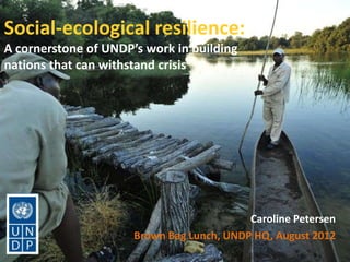 Social-ecological resilience:
A cornerstone of UNDP’s work in building
nations that can withstand crisis




                                           Caroline Petersen
                      Brown Bag Lunch, UNDP HQ, August 2012
 