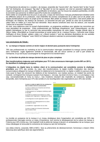 De l’importance de préciser la « vocation » de marque, ensemble des "savoirs être", des "savoirs faire" et des "savoir
dire" de l'entreprise, de conjuguer "big idea" et "big data" et non les opposer car c'est en associant ingénierie des
moyens et ingénierie du sens, rationalité, quantification et émotions, que l'on trouve les solutions pertinentes, et enfin
la conviction que personne ne détient aujourd'hui toutes les compétences.
Notre métier se complexifie tous les jours un peu plus. L'enjeu de l'annonceur n'est pas prioritairement d'arbitrer entre
les différents acteurs de la profession, mais d'identifier les bonnes compétences là où elles sont et de piloter une
équipe pluridisciplinaire autour du projet qu'est sa marque. Bien piloter sa marque aujourd'hui, c'est savoir piloter les
échanges, les relations, les réseaux de cerveaux. La rencontre est plus que jamais au cœur de la production de
valeur dans un métier où il nous faut tout réinventer. Nous devons construire avec tous les acteurs, une nouvelle
"culture de la rencontre" fructueuse.
Au club, nous élaborons avec le conseil d'administration, un programme ambitieux pour générer les rencontres qui
nous permettent de progresser. Entre professionnels par l'échange d'expérience, avec l'interprofession, via des
ateliers thématiques ou par la rencontre des personnalités marquantes de notre métier. Voyage d'étude dans la
Silicon Valley, dîner/débat au Conseil économique et social autour de la « marque France », rencontre avec Ariana
Huffington et Anne Sinclair, ateliers «data » ou « Brand content »" sont les dernières illustrations de nos activités
comme l’événement "Intégraal " avec l'AACC et l'Udecam destiné à valoriser la communication intégrée.
Les conclusions de l’étude :
1) La marque s’impose comme un levier majeur et devient plus puissante dans l’entreprise:
78% des professionnels du marketing et de la communication interrogés considèrent la marque comme prioritaire
dans l’entreprise. Jugée également centrale et transversale, elle est vécue comme un actif à part entière de
l’entreprise, et qui est là pour accompagner le changement et la transformation.
2) La fonction de pilote de marque devient de plus en plus complexe
Des transformations majeures sont anticipées pour 79 % des annonceurs interrogés (contre 68% en 2011).
Ils identifient 8 challenges principaux.
L’intégration du digital dans la relation client et la communication est considérée comme le challenge
prioritaire pour 81% des sondés. Au cœur des transformations, le digital modifie l’implication des clients /
consommateurs obligeant la marque à fédérer le relationnel et le transactionnel. Le digital a redéfini le parcours client
mais aussi la façon de concevoir les relations et les transactions. Les medias sociaux, en éclatant les points de
contacts contraignent les marques à passer d’une logique « one way, top-down et one to many » à une logique « two
way, conversationnelle et many to many ». Ces mutations induisent des impératifs de cohérence, spatiale et
temporelle, dans l’entreprise pour 47% des sondés et une reconfiguration des organisations pour 25% des sondés.
La montée en puissance de la marque à un niveau stratégique dans l’organisation est considérée par 30% des
professionnels interrogés comme un enjeu d’importance, tout comme le développement de la culture de marque à
l’interne pour 24% d’entre eux. Cet impératif invite le pilote de marque à devenir un ambassadeur de sa marque, pour
mieux développer et renouveler la conscience de marque au sein de l’entreprise.
Les cibles (interne, corporate, B2B et B2C) : face au phénomène de décloisonnement, l’annonceur a besoin d’être
beaucoup plus spécifique dans ses segmentations.
 