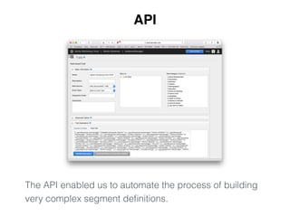API 
The API enabled us to automate the process of building 
very complex segment definitions. 
 