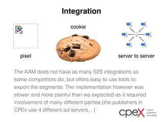 Integration 
cookie 
pixel server to server 
The AAM does not have as many S2S integrations as 
some competitors do, but offers easy to use tools to 
export the segments. The implementation however was 
slower and more painful than we expected as it required 
involvement of many different parties (the publishers in 
CPEx use 4 different ad servers…) 
 