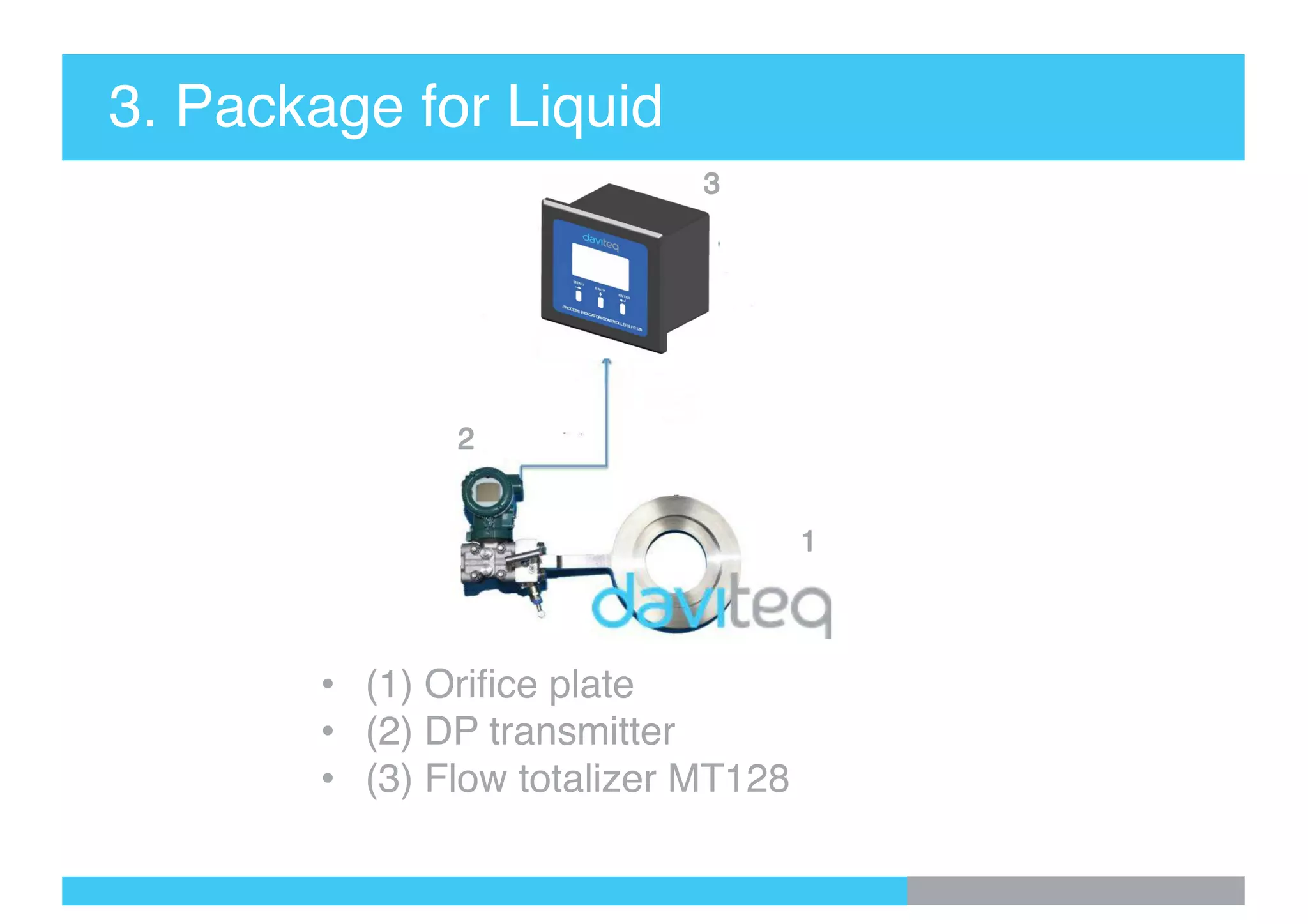 3. Package for Liquid
• (1) Orifice plate
• (2) DP transmitter
• (3) Flow totalizer MT128
 