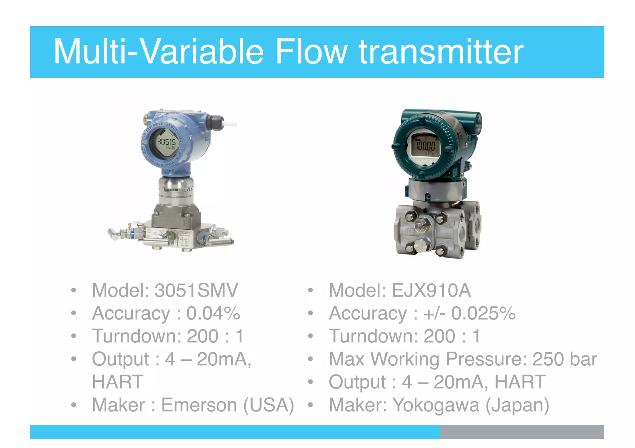 Multi-Variable Flow transmitter
• Model: 3051SMV
• Accuracy : 0.04%
• Turndown: 200 : 1
• Output : 4 – 20mA,
HART
• Maker : Emerson (USA)
• Model: EJX910A
• Accuracy : +/- 0.025%
• Turndown: 200 : 1
• Max Working Pressure: 250 bar
• Output : 4 – 20mA, HART
• Maker: Yokogawa (Japan)
 