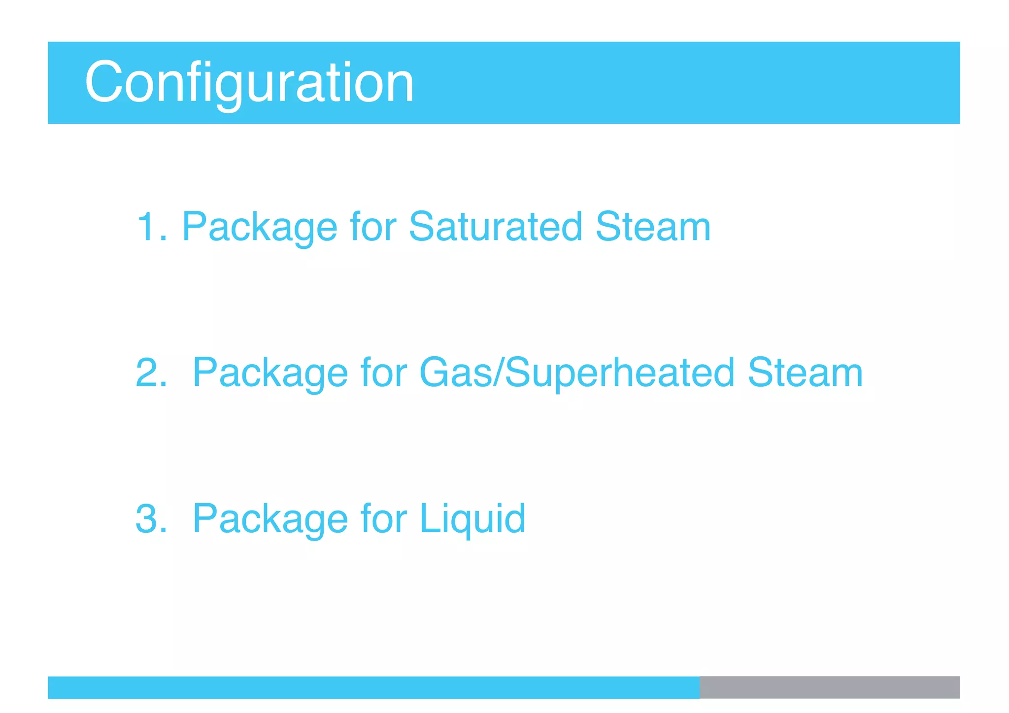Configuration
1. Package for Saturated Steam
2. Package for Gas/Superheated Steam
3. Package for Liquid
 