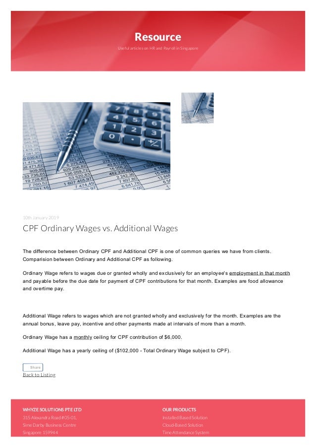 Cpf Ordinary Wages Vs Additional Wages In Singapore