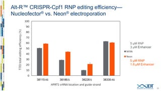Alt-R™ Cpf1 Electroporation Enhancer does not alter indel profile
23
Indel Size Distribution - NGS - HEK293
Indel size (bp)
-20 -18 -16 -14 -12 -10 -8 -6 -4 -2 0 2 4 6 8 10
Sequences(%)
0
5
60
80
100
0 µM Cpf1 Electroporation Enhancer
3 µM Cpf1 Electroporation Enhancer
 