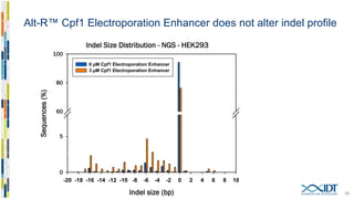 Alt-R™ CRISPR-Cpf1 editing—time course
24
0
10
20
30
40
50
60
70
80
90
100
15 25 35 45 55 65 75
T7EItotaleditingefficiency(%)
Time post-transfection (hr)
0
10
20
30
40
50
60
70
80
90
100
15 25 35 45 55 65 75
Time post-transfection (hr)
38115-AS
38186-S
38228-S
38330-AS
HEK293 HeLa
5 µM RNP—3 µM Enhancer—Amaxa® Nucleofector ® System
T7EItotaleditingefficiency(%)
 