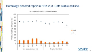 Homology-directed repair in HEK 293–Cpf1 stable cell line
26
0
10
20
30
40
50
60
70
80
90
100
190
150
120
100
80
60
190
150
120
100
80
60
Non-targeted strand (nt) Targeted strand (nt)
T7EItotaleditingefficiency(%)
HEK 293—HPRT1 38343-S
RNAiMAX®—30 nM crRNA—30 ng HDR template (ssODN)
EcoRI
T7
 