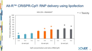Alt-R™ CRISPR-Cpf1 RNP delivery using lipofection
27
0
10
20
30
40
50
60
70
80
90
100
1:1 2:1 5:1 1:1 2:1 5:1 1:1 2:1 5:1
10 nM Cpf1 30 nM Cpf1 50 nM Cpf1
T7EItotaleditingefficiency(%)
Cpf1 concentration and ratio crRNA:Cpf1
HEK 293—RNAiMAX™
* =Toxicity
*
* * *
*
 
