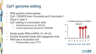 Cpf1 genome editing
• RNA-guided endonuclease
• Cpf1: CRISPR from Prevotella and Francisella 1
• Class II, type V
• Cpf1 editing in mammalian cells
• Acidaminococcus sp. BV3L6
• Lachnospiraceae bacterium ND2006
• Single guide RNA (crRNA, 41–44 nt)
• Double-stranded break with staggered ends
• PAM site is thymidine-rich
• Preferentially uses TTTV
5
Zetsche B, Gootenberg JS, et al. (2015) Cpf1 is a single RNA-guided
Endonuclease of a class 2 CRISPR-Cas system. Cell, 163:759–771.
 