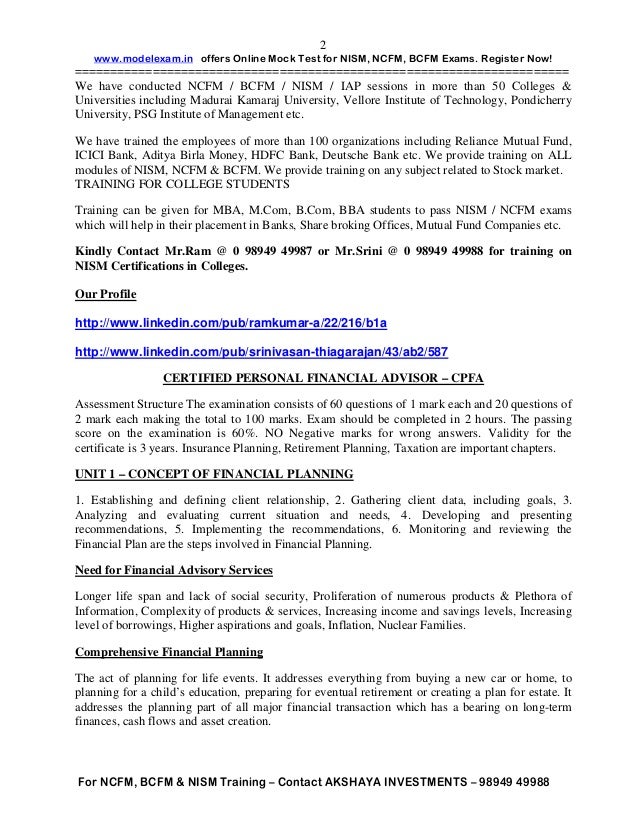 NISM CPFA CERTIFIED PERSONAL FINANCIAL ADVISOR EXAM STUDY NOTES