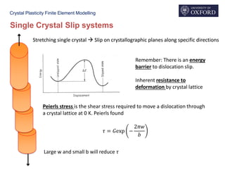 Crystal Plasticity Finite Element Modelling
Single Crystal Slip systems
Stretching single crystal  Slip on crystallographic planes along specific directionsStretching single crystal  Slip on crystallographic planes along specific directions
Remember: There is an energy
barrier to dislocation slip.
Inherent resistance to
deformation by crystal lattice
Peierls stress is the shear stress required to move a dislocation through
a crystal lattice at 0 K. Peierls found
𝜏 = 𝐺exp −
2𝜋𝑤
𝑏
Large w and small b will reduce 𝜏
 
