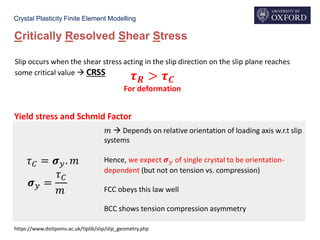 Crystal Plasticity Finite Element Modelling
Slip occurs when the shear stress acting in the slip direction on the slip plane reaches
some critical value  CRSS
https://www.doitpoms.ac.uk/tlplib/slip/slip_geometry.php
Critically Resolved Shear Stress
𝜏 𝐶 = 𝝈 𝑦. 𝑚
𝝈 𝑦 =
𝜏 𝐶
𝑚
𝑚  Depends on relative orientation of loading axis w.r.t slip
systems
Hence, we expect 𝝈 𝑦 of single crystal to be orientation-
dependent (but not on tension vs. compression)
FCC obeys this law well
BCC shows tension compression asymmetry
𝝉 𝑹 > 𝝉 𝑪
For deformation
Yield stress and Schmid Factor
 