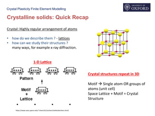 Crystal Plasticity Finite Element Modelling
Crystalline solids: Quick Recap
Crystal: Highly regular arrangement of atoms
• how do we describe them ? - lattices
• how can we study their structures ?
many ways, for example x-ray diffraction.
1-D Lattice
Crystal structures repeat in 3D
Motif  Single atom OR groups of
atoms (unit cell)
Space Lattice + Motif = Crystal
Structure
https://www.seas.upenn.edu/~chem101/sschem/solidstatechem.html/
 