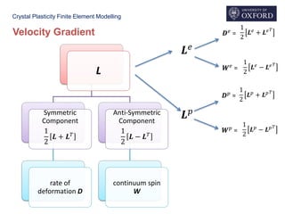Crystal Plasticity Finite Element Modelling
Velocity Gradient
L
Symmetric
Component
1
2
𝑳 + 𝑳 𝑇
rate of
deformation D
Anti-Symmetric
Component
1
2
𝑳 − 𝑳 𝑇
continuum spin
W
𝑳 𝑒
𝑳 𝑝
1
2
𝑳 𝑝
+ 𝑳 𝑝 𝑇
1
2
𝑳 𝑝
− 𝑳 𝑝 𝑇
𝑫 𝑝
=
𝑾 𝑝 =
1
2
𝑳 𝑒
+ 𝑳 𝑒 𝑇
1
2
𝑳 𝑒
− 𝑳 𝑒 𝑇
𝑫 𝑒 =
𝑾 𝑒
=
 