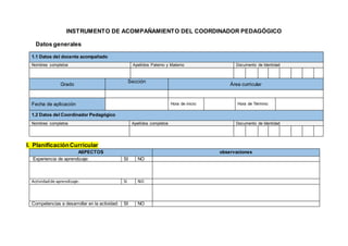 INSTRUMENTO DE ACOMPAÑAMIENTO DEL COORDINADOR PEDAGÓGICO
Datos generales
1.1 Datos del docente acompañado
Nombres completos Apellidos Paterno y Materno Documento de Identidad
Grado
Sección
Área curricular
Fecha de aplicación Hora de inicio: Hora de Término:
1.2 Datos del Coordinador Pedagógico
Nombres completos Apellidos completos Documento de Identidad
I. PlanificaciónCurricular
ASPECTOS observaciones
Experiencia de aprendizaje: SI NO
Actividadde aprendizaje: SI NO
Competencias a desarrollar en la actividad: SI NO
 