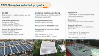 CPFL Soluções selected projects
CADEG
Solar project in public markets and self-
production
Unicamp Sustainable Camp
Project to became the University of
Campinas sustainable
Solar power generation:
Investment: R$ 8 mi
Installed capacity: 1.7 MWp
Customer savings: R$ 1.8 mi/year
Natural Gas Self-production
Investment: R$ 5 mi
Installed capacity: 2.4 MVA
Customer savings: R$ 0.4 mi/year
Solar power generation:
Installed capacity: 534 kWp
Replacement of 3,000 LED bulbs
Replacement of more then 40 air
conditioners
Total Investment: R$ 10 mi
Customer savings: R$ 0.4 mi/year
Syngenta
Construction of new substation and
connection extension
Substation:
Construction of a 138-11,4kV substation
Power transformer
Installation of a new power transformer –
5/6,25 MVA
Project involved 40 people during
construction, for 15 months
Total Investment: R$ 10 mi
19
 