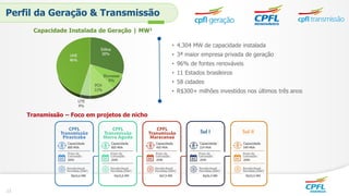 Perfil da Geração & Transmissão
• 4.304 MW de capacidade instalada
• 3ª maior empresa privada de geração
• 96% de fontes renováveis
• 11 Estados brasileiros
• 58 cidades
• R$300+ milhões investidos nos últimos três anos
Transmissão – Foco em projetos de nicho
13
Capacidade Instalada de Geração | MW1
 
