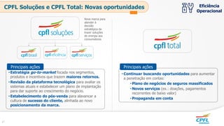 Nova marca para
atender à
decisão
estratégica de
trazer soluções
de energia aos
consumidores
•Estratégia go-to-market focada nos segmentos,
produtos e incentivos que trazem maiores retornos.
•Revisão da plataforma tecnológica para avaliar os
sistemas atuais e estabelecer um plano de implantação
para dar suporte ao crescimento do negócio.
•Estabelecimento do pós-venda para alavancar a
cultura de sucesso do cliente, alinhada ao novo
posicionamento da marca.
Principais ações
•Continuar buscando oportunidades para aumentar
a penetração em contas:
•Plano de negócios de seguros massificados
•Novos serviços (ex.: doações, pagamentos
recorrentes de baixo valor)
•Propaganda em conta
Principais ações
CPFL Soluções e CPFL Total: Novas oportunidades Eficiência
Operacional
17
 