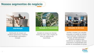 Nossos segmentos de negócio
Soluções & ServiçosDistribuição
Distribuição de energia com
eficiência operacional, investindo
em tecnologia, automação e
inovação
Geração de energia em diversas
fontes por todo o país. Projetos de
nicho no segmento de
transmissão.
Geração & Transmissão
Portfólio completo com soluções
integradas em gestão de energia,
comercialização, infraestrutura e
serviços, geração distribuída e
eficiência energética para
transformar os negócios. Serviços
corporativos compartilhados para
atender às necessidades do grupo.
7
 