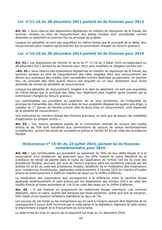 69
Loi n°11-16 du 28 décembre 2011 portant loi de finances pour 2012
Art. 51. – Sous réserve des dispositions législatives en matière de répression de la fraude, les
sommes versées au titre de l’acquittement des dettes fiscales sont considérées comme
destinées au paiement en premier lieu du principal de la dette.
Lorsque les pénalités ne sont pas acquittées en même temps que le principal de la dette, leur
recouvrement peut s’opérer après examen par la commission chargée du recours gracieux.
Loi n°14-10 du 30 décembre 2014 portant loi de finances pour 2015
Art. 51.– Les dispositions de l’article 51 de la loi n° 11-16 du 3 Safar 1433 correspondant au
28 décembre 2011 portant loi de finances pour 2012 sont modifiées et rédigées comme suit :
«Art. 51.– Sous réserve des dispositions législatives en matière de répression de la fraude, les
sommes versées au titre de l’acquittement des rôles exigibles dont leur recouvrement est
dévolu aux receveurs des impôts, sont considérées comme destinées au paiement, en premier
lieu, du principal des rôles quand celui-ci est acquitté en un seul versement suivi d’une
demande de remise de pénalités de recouvrement.
Lorsque les pénalités de recouvrement, exigées à la date du paiement, ne sont pas acquittées
en même temps que le principal des rôles, leur règlement peut s’opérer après examen par la
commission chargée du recours gracieux.
Les contribuables qui procèdent au paiement, en un seul versement, de l’intégralité du
principal de l’ensemble des rôles dont la date de leur exigibilité dépasse les quatre ans d’âge, à
compter du 1er
janvier de l’année suivant celle de leurs mise en recouvrement, sont dispensés
de la pénalité de recouvrement.
Une instruction du ministre chargé des finances précisera, en tant que de besoin, les modalités
d’application du présent article ».
Art. 53. - Les recours pendants auprès de la commission centrale de recours des impôts
directs et de TVA sont transférés aux commissions de recours de wilaya territorialement
compétentes, suivant les seuils de compétence prévus à l’article 81 bis du code des procédures
fiscales.
Ordonnance n° 15-01 du 23 juillet 2015, portant loi de finances
complémentaire pour 2015.
Art. 40. - Les contribuables qui procèdent au paiement de 50% de leur dette fiscale et à la
souscription d’un échéancier de paiement pour les 50% restant et ayant bénéficié de la
procédure de retrait de plainte dans le cadre de l’application de l’article 104 bis du code des
procédures fiscales, peuvent, par voie de recours gracieux dans les conditions prévues par les
articles 92 et 93 du code des procédures fiscales, bénéficier de la modération des majorations
pour manœuvres frauduleuses, appliquées antérieurement à l’année 2012 en matière d’impôts
directs et antérieurement à 2009 en matière de taxes sur le chiffre d’affaires.
La modération des majorations doit correspondre à la différence entre la sanction fiscale
appliquée antérieurement et celle prévue par les dispositions des articles 193-2 du code des
impôts directs et taxes assimilées et 116-II du code des taxes sur le chiffre d’affaires.
Art. 43. - Il est institué un programme de conformité fiscale volontaire. Les sommes
déposées, dans ce cadre, auprès des banques par toute personne, quelle que soit sa situation,
font l’objet d’une taxation forfaitaire libératoire au taux de 7%.
Les sources de ces fonds ou les transactions qui en sont à l’origine doivent être légitimes et ne
correspondre à aucun acte incriminé par le code pénal et la législation régissant la lutte contre
le blanchiment d’argent et le financement du terrorisme.
La date limite de mise en œuvre de ce dispositif est fixée au 31 décembre 2016.
 