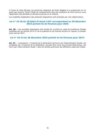 70
A l’issue de cette période, les personnes disposant de fonds éligibles à ce programme et n’y
ayant pas souscrit, feront l’objet de redressements dans les conditions de droit commun avec
l’application des pénalités et sanctions prévues en la matière.
Les modalités d’application des présentes dispositions sont précisées par voie réglementaire.
Loi n° 15-18 du 18 Rabie El Aouel 1437 correspondant au 30 décembre
2015 portant loi de finances pour 2016
Art. 28. - Les nouvelles dispositions des articles 81 et 81bis du code de procédures fiscales
modifiées par les articles 26 et 27 de la présente loi de finances entrent en vigueur à compter
du1er janvier 2017.
Loi n° 16-14 du 28 décembre 2016 portant loi de finances pour 2017.
Art. 67. – L’expression « l’imprimé de la déclaration est fourni par l’administration fiscale» est
remplacée par «l’imprimé de la déclaration, pouvant être remis sous format électronique, est
fourni par l’administration fiscale » dans les articles pertinents des différents codes des impôts.
 
