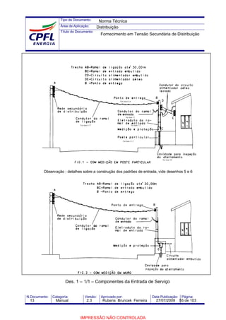 Tipo de Documento:
Área de Aplicação:
Título do Documento:
N.Documento: Categoria: Versão: Aprovado por: Data Publicação: Página:
Ver ítem 7.1
Ver ítem 7.2
Ver ítem 11.3
Ver ítem 10
Ver ítem 4.17
Ver ítem 4.14
Des. 1 – 1/1 – Componentes da Entrada de Serviço
Observação - detalhes sobre a construção dos padrões de entrada, vide desenhos 5 e 6
Norma Técnica
Distribuição
Fornecimento em Tensão Secundária de Distribuição
13 Manual 2.3 Rubens Bruncek Ferreira 27/07/2009 55 de 103
IMPRESSÃO NÃO CONTROLADA
 