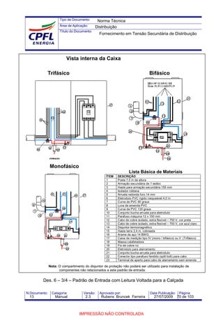 Tipo de Documento:
Área de Aplicação:
Título do Documento:
N.Documento: Categoria: Versão: Aprovado por: Data Publicação: Página:
Vista interna da Caixa
Trifásico Bifásico
Monofásico
Lista Básica de Materiais
ÍTEM DESCRIÇÃO
1 Poste 7,5 m de altura
2 Armação secundária de 1 estibo
3 Haste para armação secundária 155 mm
4 Isolador roldana
5 Arruela redonda furo 14 mm
6 Eletroduto PVC rígido rosqueável 4,0 m
7 Curva de PVC 90 graus
8 Luva de emenda PVC
9 Curva de PVC 135 graus
10 Conjunto bucha-arruela para eletroduto
11 Parafuso máquina 12 x 150 mm
12 Cabo de cobre isolado, extra flexível – 750 V, cor preta
13 Cabo de cobre isolado, extra flexível – 750 V, cor azul claro
14 Disjuntor termomagnético
15 Haste terra 2,4 m, cobreada
16 Arame de aço 14 BWG
17 Caixa de medição tipo IV (mono / bifásico) ou V (Trifásico)
18 Massa calafetadora
19 Fio de cobre nú
20 Eletroduto para aterramento
21 Conjunto bucha-arruela para eletroduto
22 Conector tipo parafuso fendido (split bolt) para cabo
23 Terminal de aperto para cabo de aterramento sem emenda
Des. 6 – 3/4 – Padrão de Entrada com Leitura Voltada para a Calçada
Nota: O compartimento do disjuntor de proteção não poderá ser utilizado para instalação de
componentes não relacionados a este padrão de entrada.
Norma Técnica
Distribuição
Fornecimento em Tensão Secundária de Distribuição
13 Manual 2.3 Rubens Bruncek Ferreira 27/07/2009 70 de 103
IMPRESSÃO NÃO CONTROLADA
 