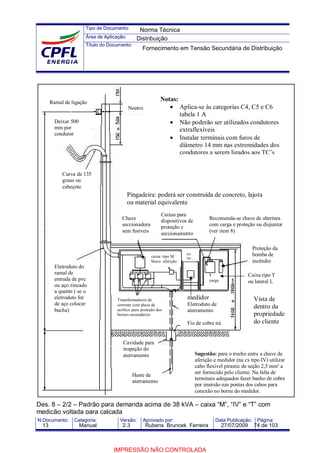 Tipo de Documento:
Área de Aplicação:
Título do Documento:
N.Documento: Categoria: Versão: Aprovado por: Data Publicação: Página:
Ramal de ligação
Neutro
Deixar 500
mm por
condutor
Curva de 135
graus ou
cabeçote
Eletroduto do
ramal de
entrada de pvc
ou aço zincado
a quente ( se o
eletroduto for
de aço colocar
bucha)
Notas:
• Aplica-se às categorias C4, C5 e C6
tabela 1 A
• Não poderão ser utilizados condutores
extraflexíveis
• Instalar terminais com furos de
diâmetro 14 mm nas extremidades dos
condutores a serem ligados aos TC’s
Recomenda-se chave de abertura
com carga e proteção ou disjuntor
(ver item 8)
Caixas para
dispositivos de
proteção e
seccionamento
Chave
seccionadora
sem fusíveis
caixa tipo M
bloco aferição
cx
IV
Haste de
aterramento
Cavidade para
inspeção do
aterramento
Vista de
dentro da
propriedade
do cliente
Proteção da
bomba de
incêndio
carga
Caixa tipo T
ou lateral L
medidor
Eletroduto de
aterramento
Fio de cobre nú
Transformadores de
corrente com placa de
acrílico para proteção dos
bornes secundários
Pingadeira: poderá ser construída de concreto, lajota
ou material equivalente
Des. 8 – 2/2 – Padrão para demanda acima de 38 kVA – caixa “M”, “IV” e “T” com
medição voltada para calçada
Sugestão: para o trecho entre a chave de
aferição e medidor (na cx tipo IV) utilizar
cabo flexível pirastic de seção 2,5 mm² a
ser fornecido pelo cliente. Na falta de
terminais adequados fazer banho de cobre
por imersão nas pontas dos cabos para
conexão no borne do medidor.
Norma Técnica
Distribuição
Fornecimento em Tensão Secundária de Distribuição
13 Manual 2.3 Rubens Bruncek Ferreira 27/07/2009 74 de 103
IMPRESSÃO NÃO CONTROLADA
 