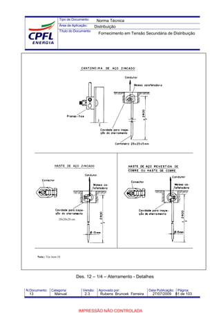Tipo de Documento:
Área de Aplicação:
Título do Documento:
N.Documento: Categoria: Versão: Aprovado por: Data Publicação: Página:
20x20x20 cm
Nota : Ver item 10
Des. 12 – 1/4 – Aterramento - Detalhes
Norma Técnica
Distribuição
Fornecimento em Tensão Secundária de Distribuição
13 Manual 2.3 Rubens Bruncek Ferreira 27/07/2009 81 de 103
IMPRESSÃO NÃO CONTROLADA
 