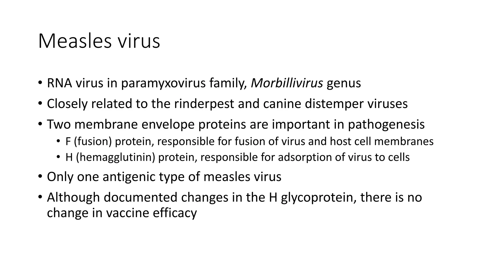 Measles virus
• RNA virus in paramyxovirus family, Morbillivirus genus
• Closely related to the rinderpest and canine distemper viruses
• Two membrane envelope proteins are important in pathogenesis
• F (fusion) protein, responsible for fusion of virus and host cell membranes
• H (hemagglutinin) protein, responsible for adsorption of virus to cells
• Only one antigenic type of measles virus
• Although documented changes in the H glycoprotein, there is no
change in vaccine efficacy
 
